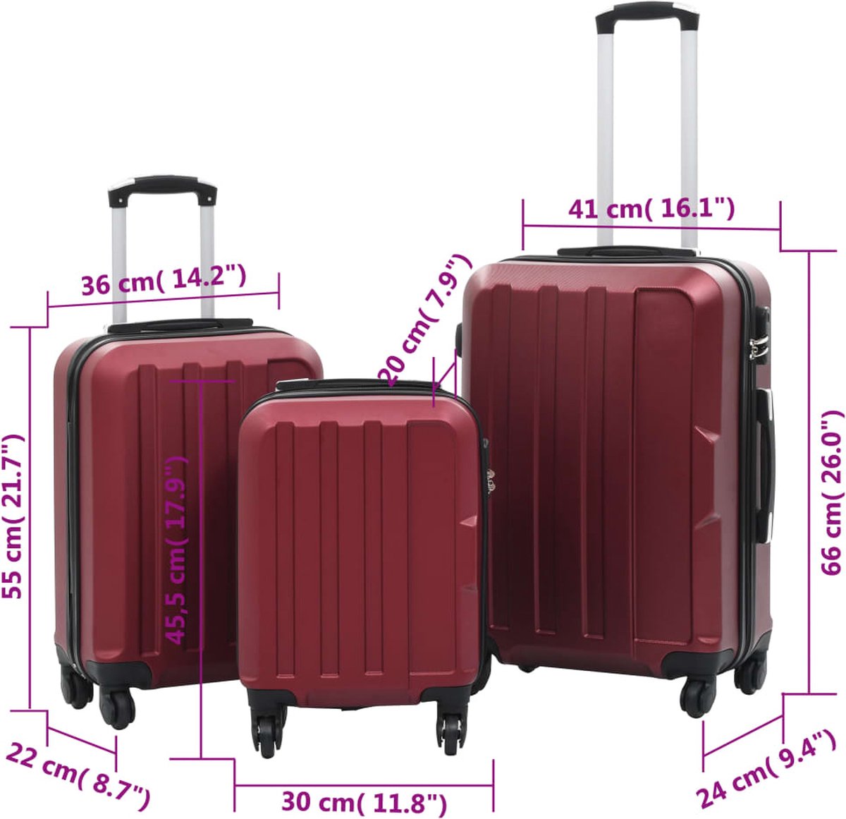 Vidaxl 3-delige Harde Kofferset Abs Wijn - Rood