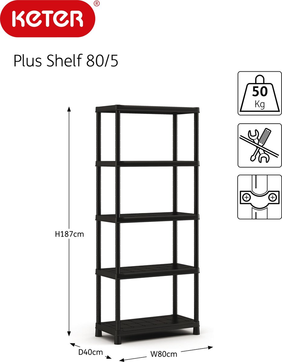 Keter Plus Shelf 80/5 - 5 Planken - 80x40x187 Cm - Zwart