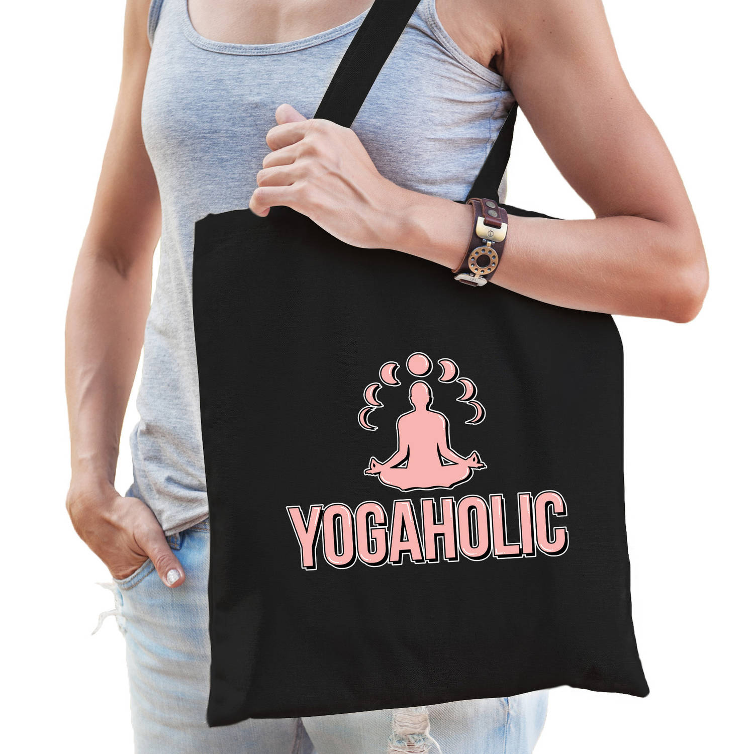 Bellatio Decorations Yogaholic Katoenen Tas Voor Volwassenen - Sport / Hobby Tasjes - Feest Boodschappentassen - Zwart