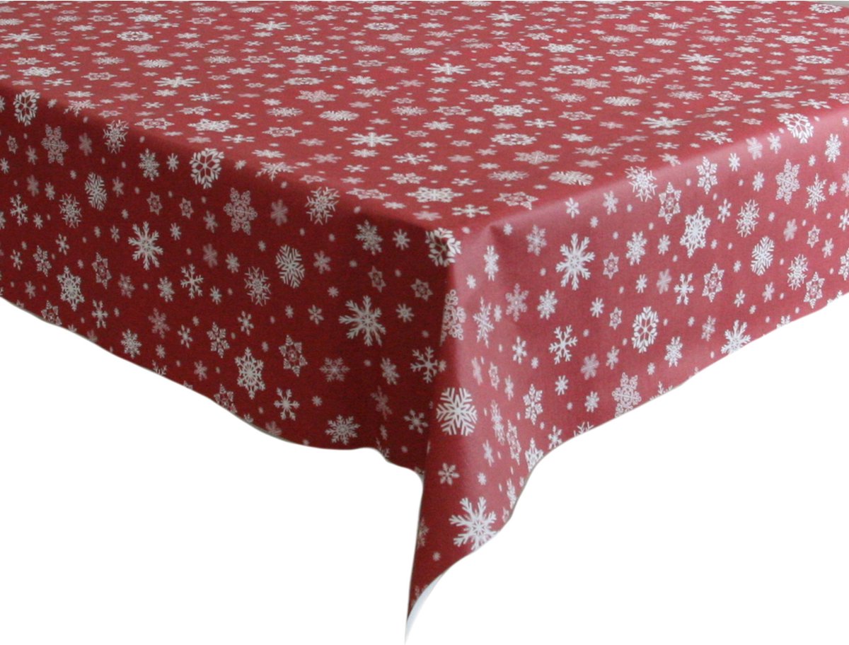 Bellatio Design Kerst Tafelzeil/tafelkleed Met Witte Sneeuwvlokken Print 140 X 220 Cm - Tafellakens - Rood