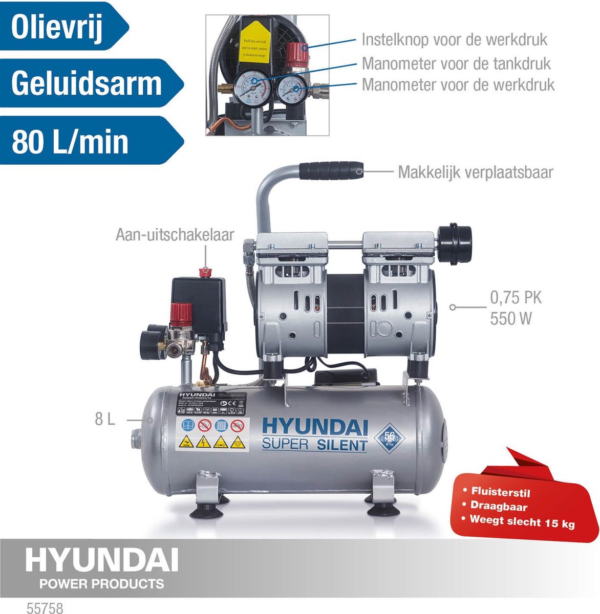 Hyundai 55758 Stille compressor - olievrij - 230V - 8L