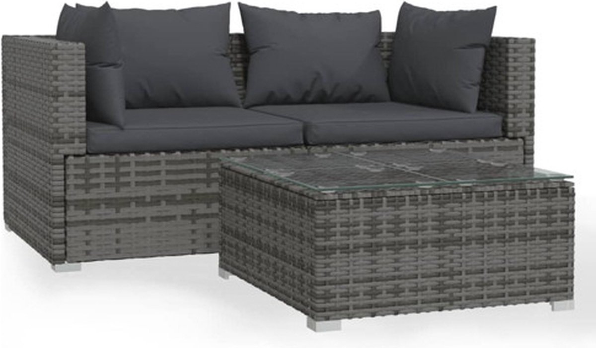 Vidaxl 3-delige Loungeset Met Kussens Poly Rattan - Grijs