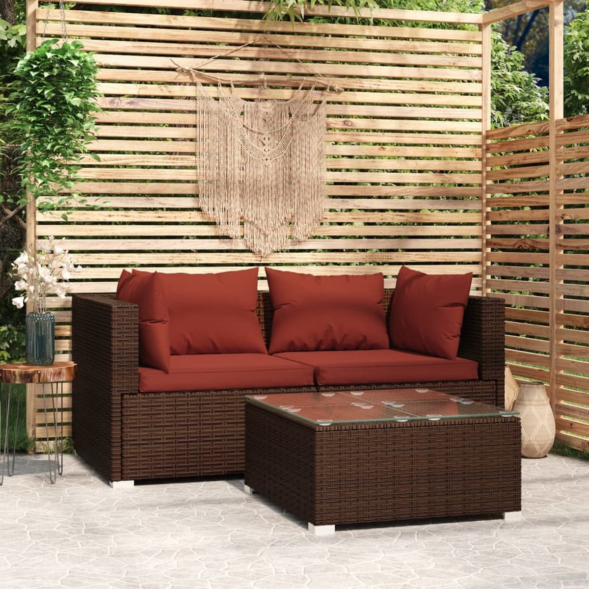 Vidaxl 3-delige Loungeset Met Kussens Poly Rattan - Bruin