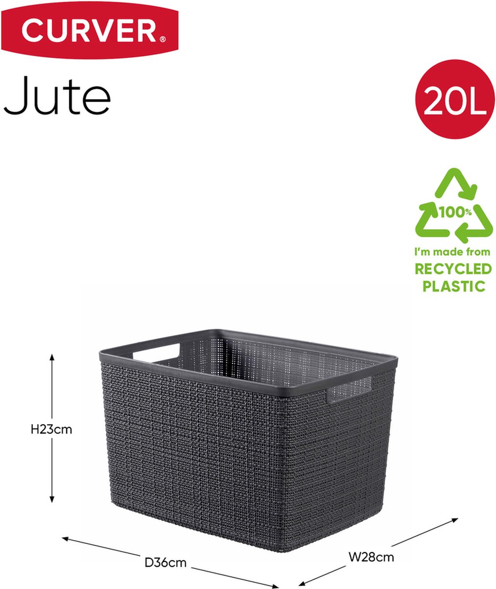 Curver Jute Opbergmand L - 20l - 3 Stuks - Donker - Recycled Kunststof - Grijs