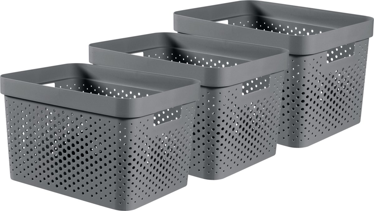 Curver Infinity Recycled Dots Opbergbox - 17l - 3 Stuks - Antraciet - Grijs