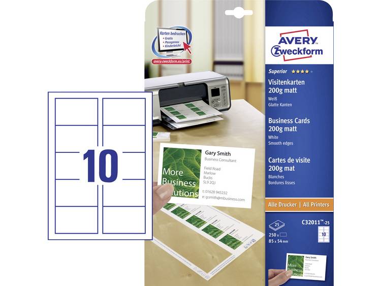 C32011-25 Bedrukbare visitekaarten, gladde kant 85 x 54 mm 250 stuk(s) Papierformaat: DIN A4 - Wit