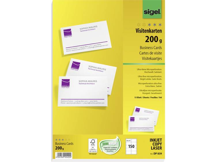 Sigel DP839 Bedrukbare visitekaarten 85 x 55 mm Helderwit 150 stuk(s) Papierformaat: DIN A4