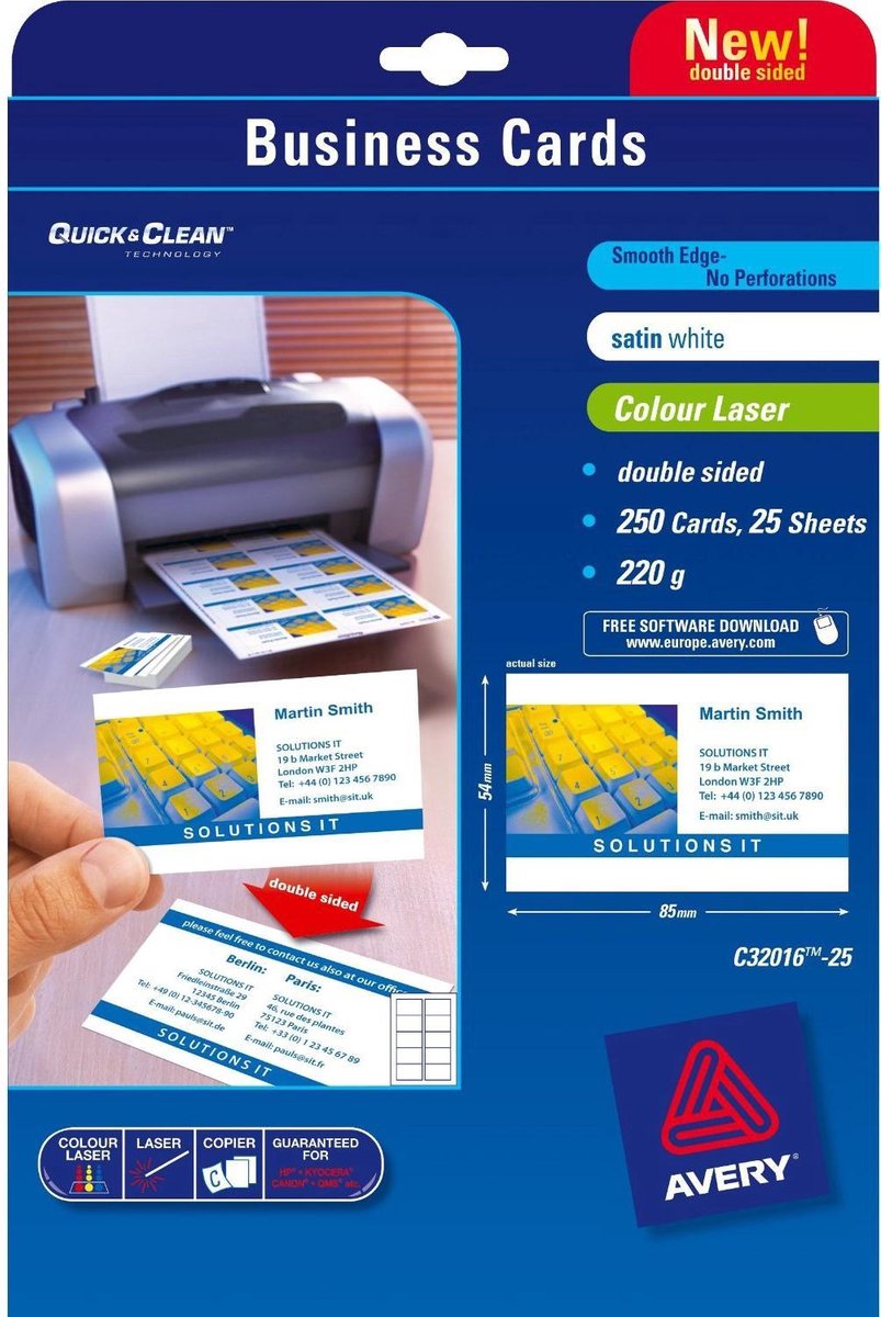 C32016-25 Bedrukbare visitekaarten, gladde kant 85 x 54 mm 250 stuk(s) Papierformaat: DIN A4 - Wit