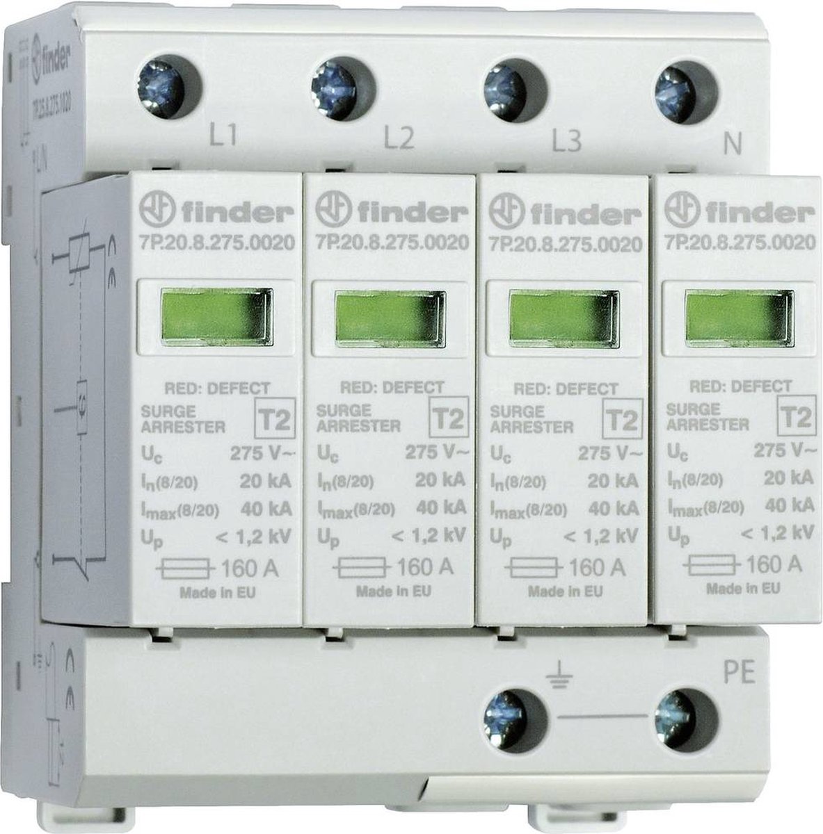 Finder 7P.25.8.275.1020 7P2582751020 Overspanningsafleider Overspanningsbeveiliging voor:elkast 20 kA 1 stuk(s) - Groen