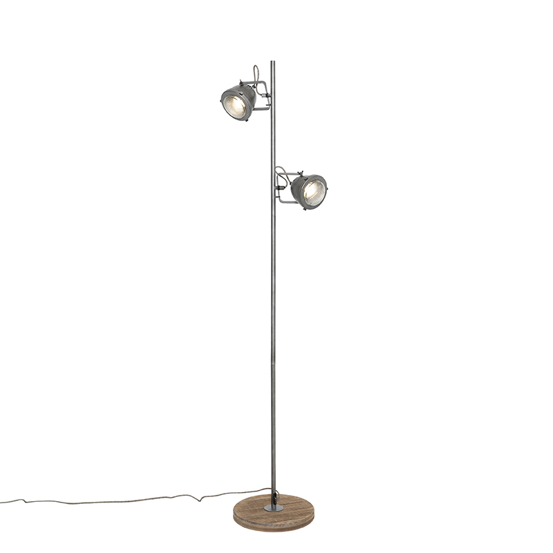 QAZQA Industriële vloerlamp staal met hout 2-lichts - Emado