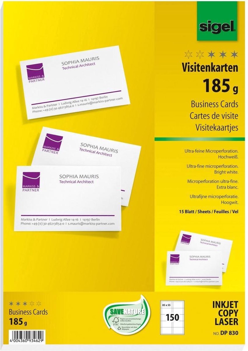 Sigel DP830 Bedrukbare visitekaarten 85 x 55 mm Helderwit 150 stuk(s) Papierformaat: DIN A4