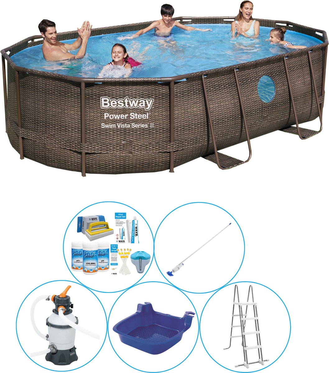 Bestway Power Steel Swim Vista Ovaal 488x305x107 Cm - 6-delig - Zwembad Combi Deal - Bruin