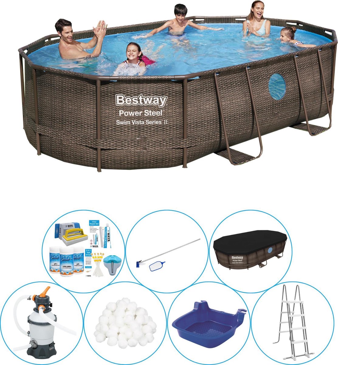 Bestway Power Steel Swim Vista Ovaal 488x305x107 Cm - Zwembad Set - Bruin