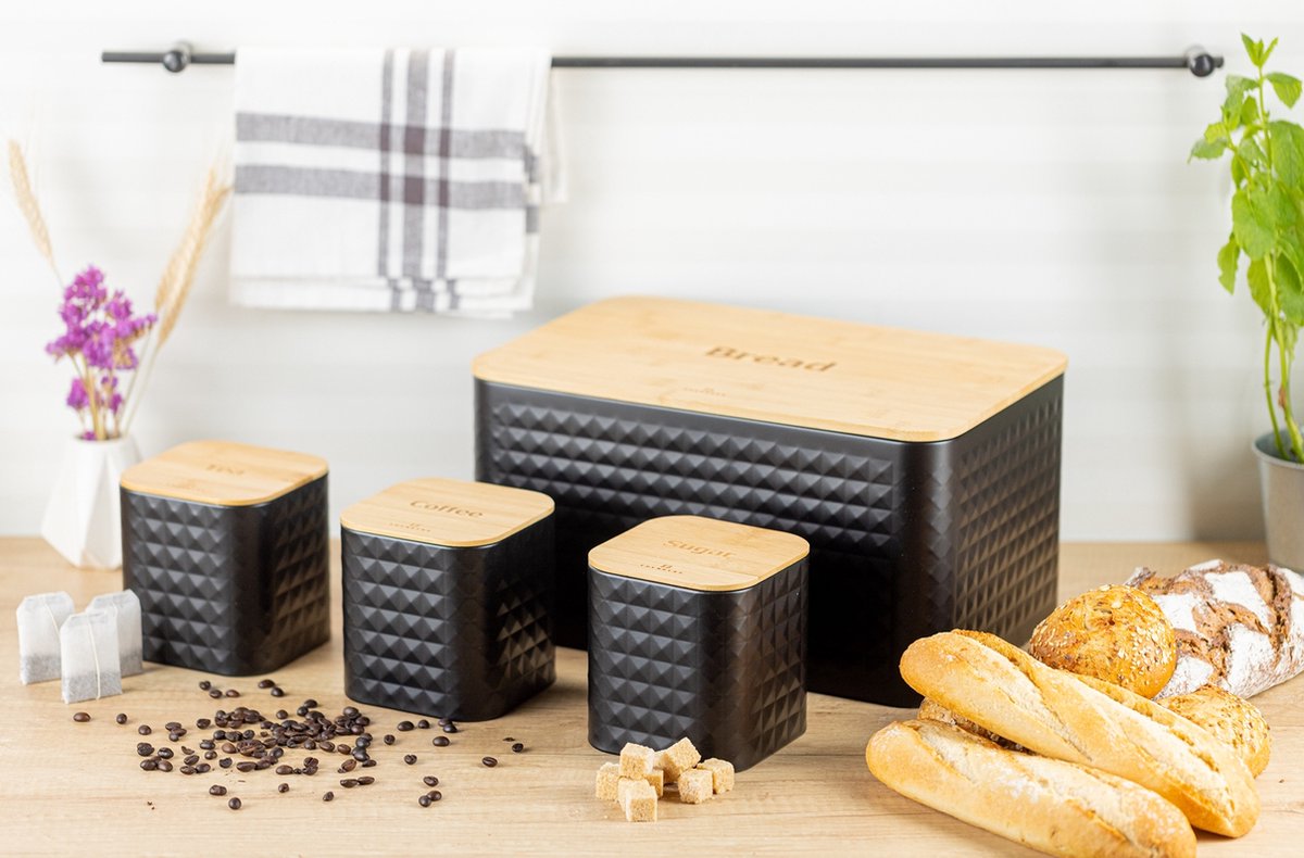 EDENBERG Black Line - 5-delige Set - Broodtrommel met Snijplank + 3x - Zwart