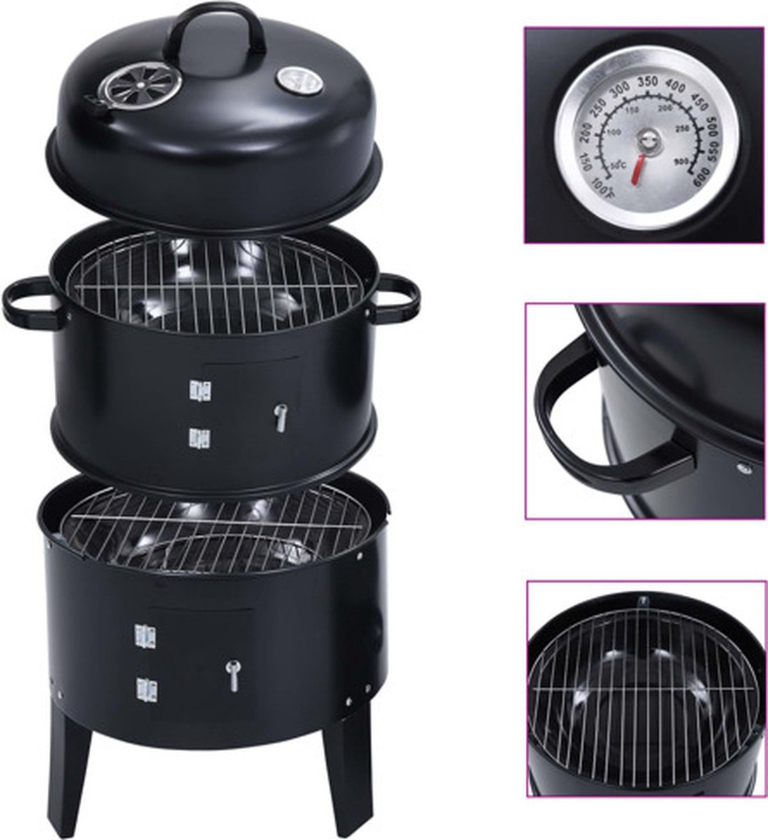 vidaXL Houtskoolroker barbecue-grill 3-in-1 40x80 cm - Negro
