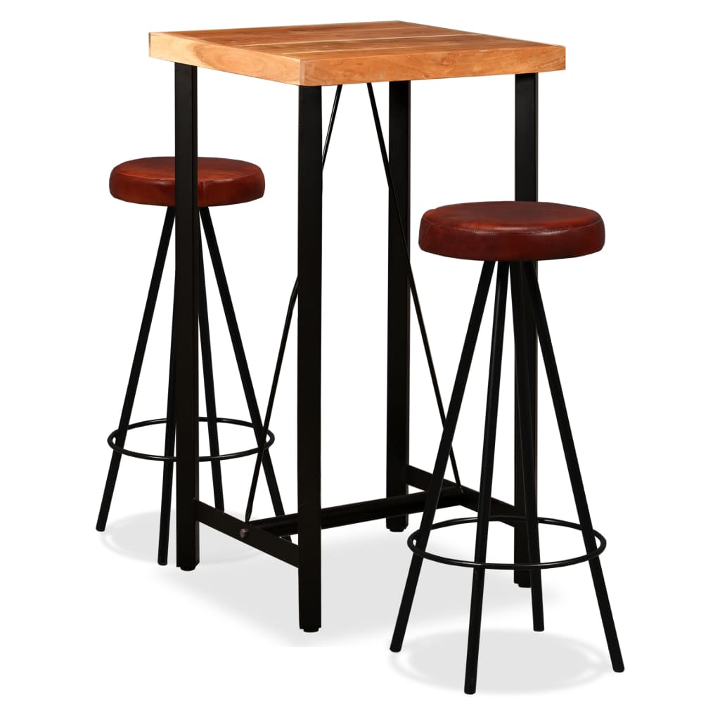 vidaXL Barset massief sheeshamhout en echt leer 3-delig - Bruin