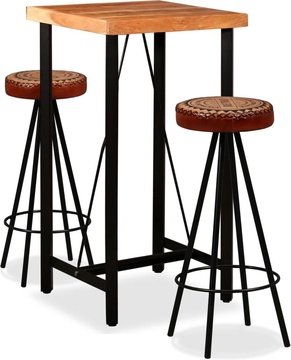 vidaXL Barset massief sheesham hout, echt leer en canvas 3-delig - Bruin