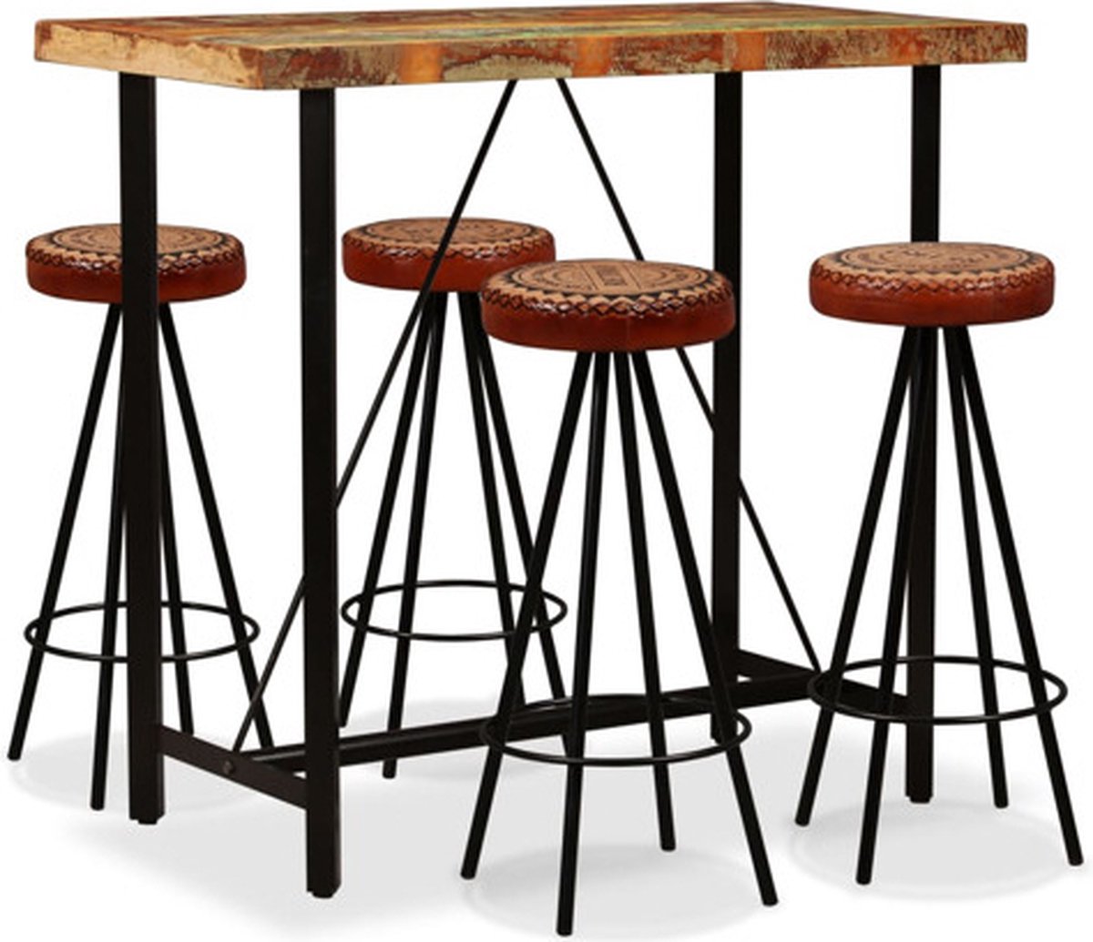 vidaXL Barset massief gerecycled hout, echt leer en canvas 5-delig - Bruin
