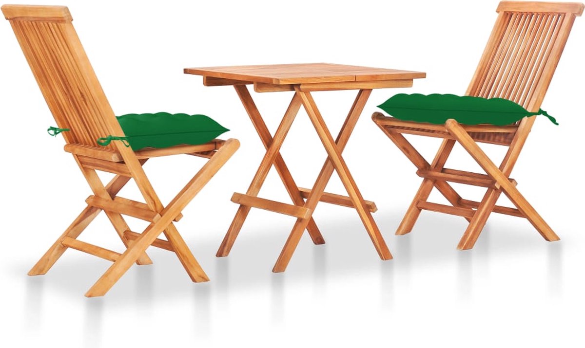 vidaXL 3-delige Bistroset mete kussens massief teakhout - Groen