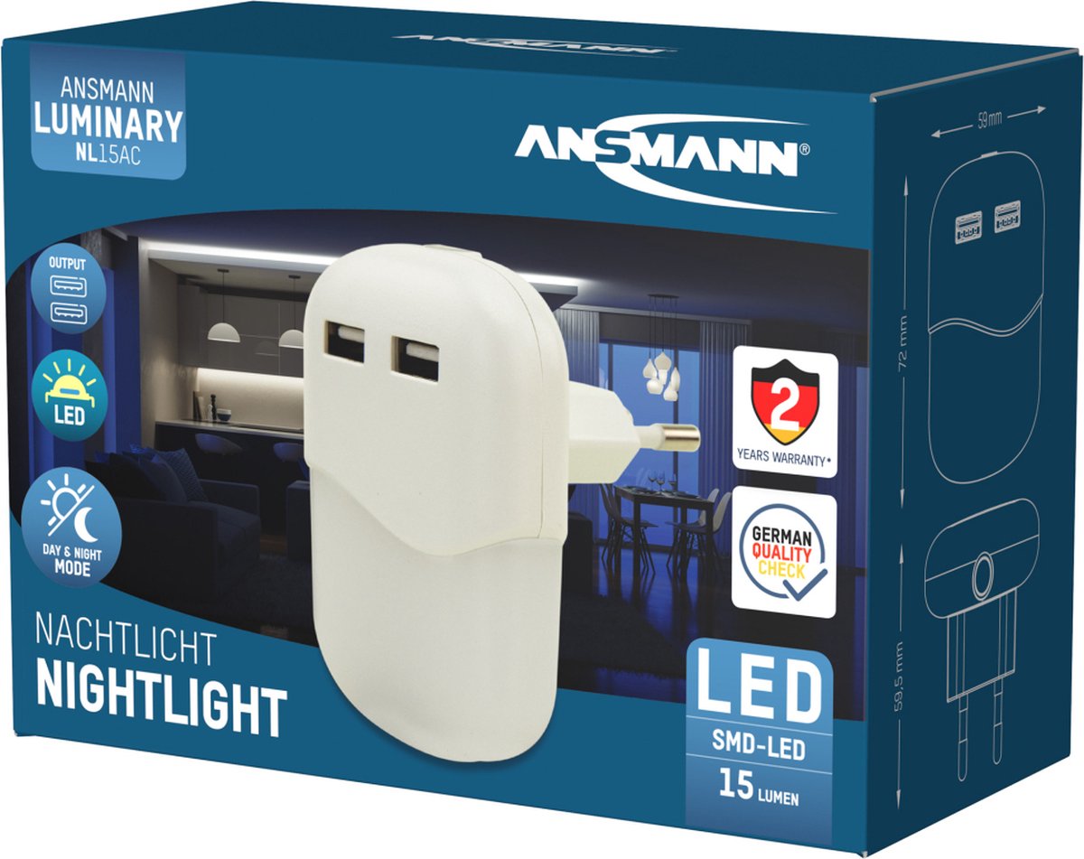 Ansmann LED-oriëntatielamp met geïntegreerde schemeringssensor | 2× USB-uitgang - 1600-0407