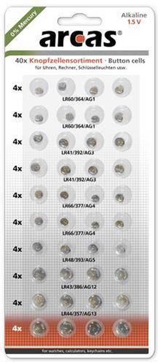 Arcas Alkaline Knoopcelbatterijen 0% Hg, 40 Stuks