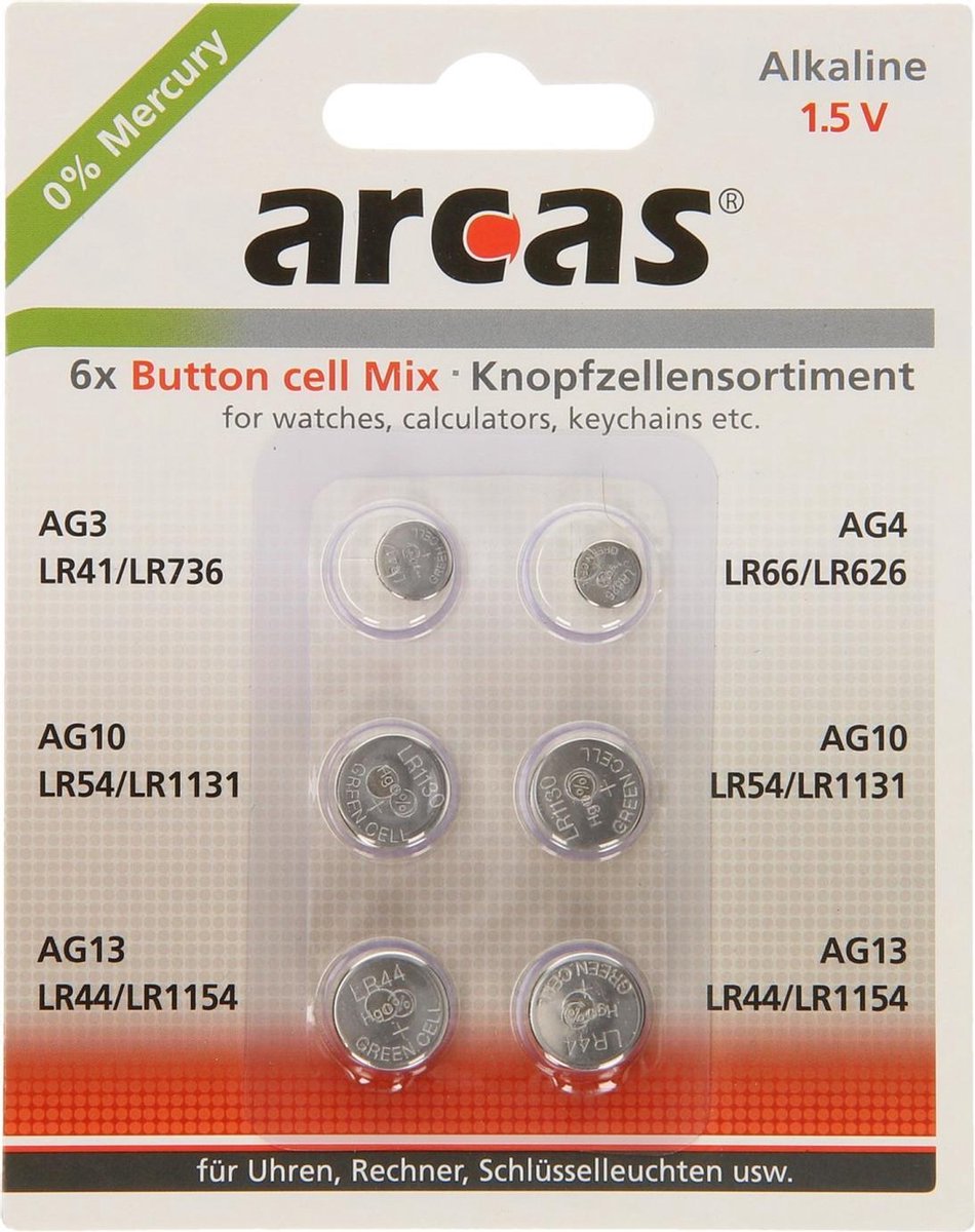 Arcas Alkaline Knoopcelbatterijenset, 0% Hg, 6 Stuks