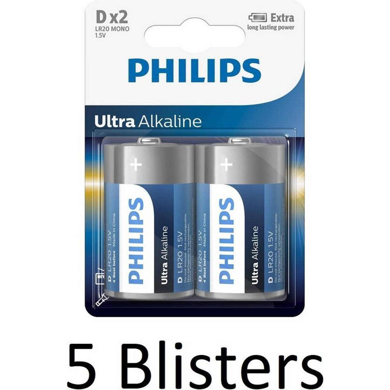 Philips 10 Stuks (5 Blisters A 2 St) Ultra Alkaline D Cell Batterijen