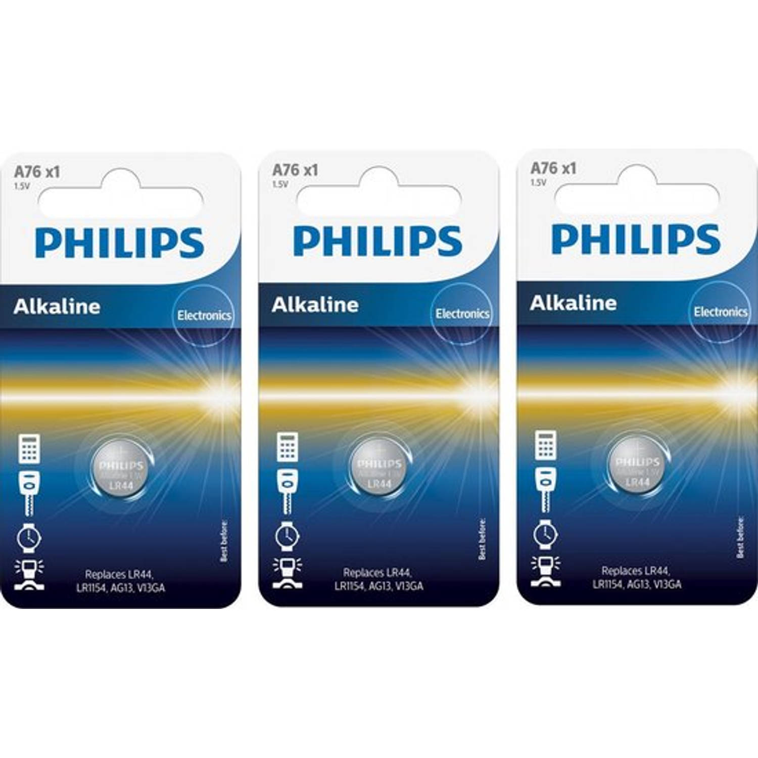 Philips 3 Stuks - Lr44/76a 1.5v Alkaline Knoopcel Batterij