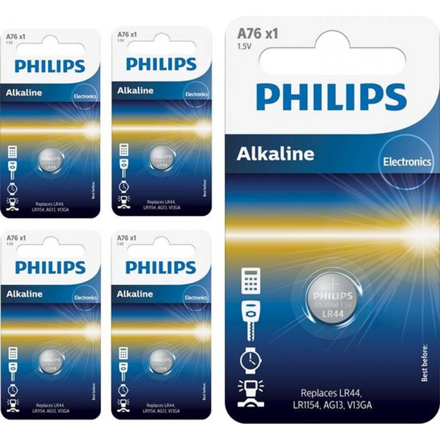 Philips 5 Stuks - Lr44/76a 1.5v Alkaline Knoopcel Batterij