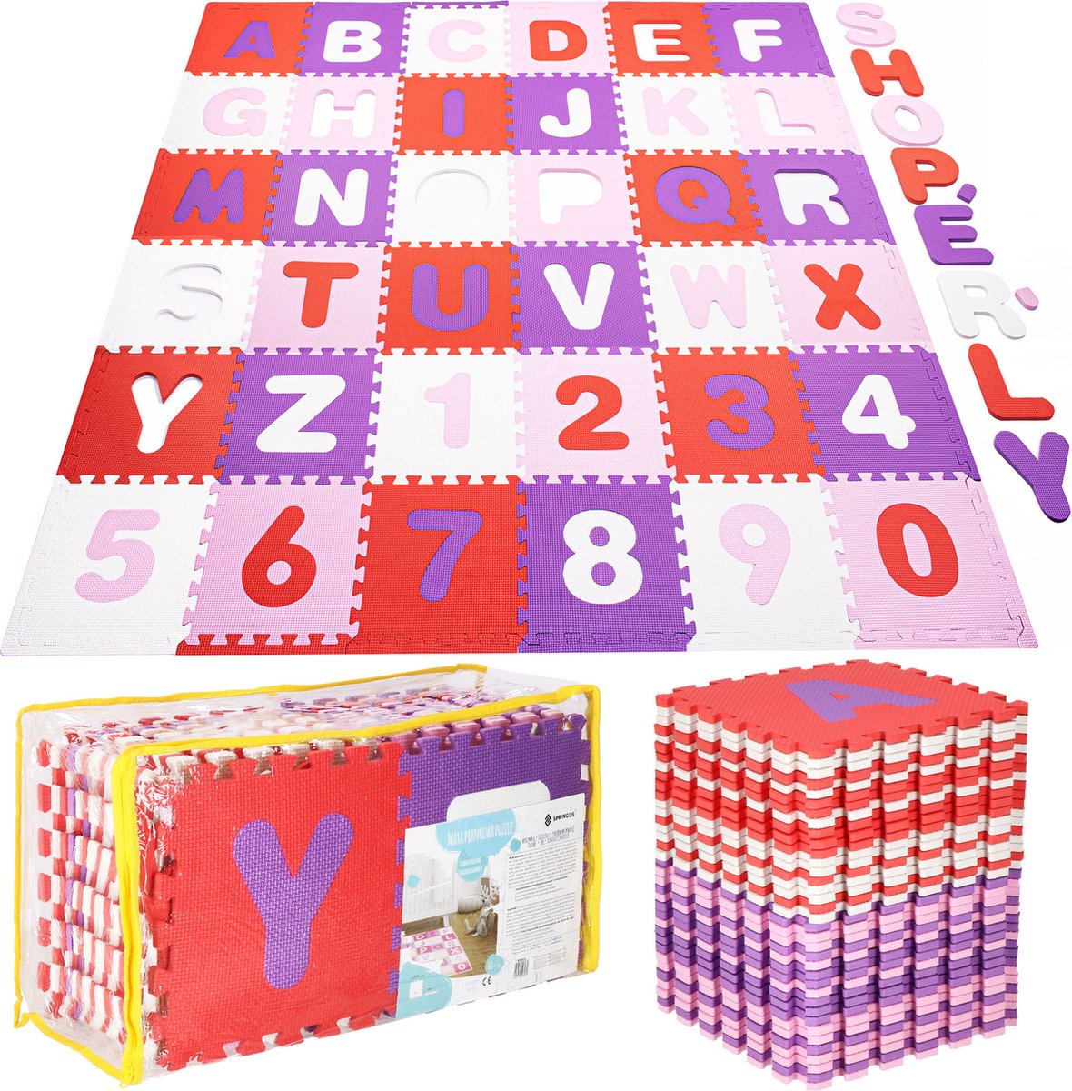 Speelmat Speelmat Foam Puzzelmat 36 Stukken Letters & Cijfers 175 X 175 Cm Roze/rood/paars/wit