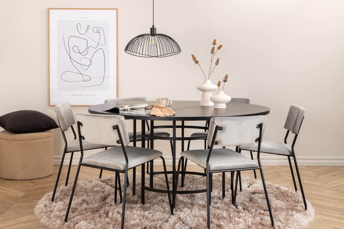 Copenhagen Eethoek Eetkamertafel En 6 Kenth Eetkamerstal Velours Grijs. - Bruin