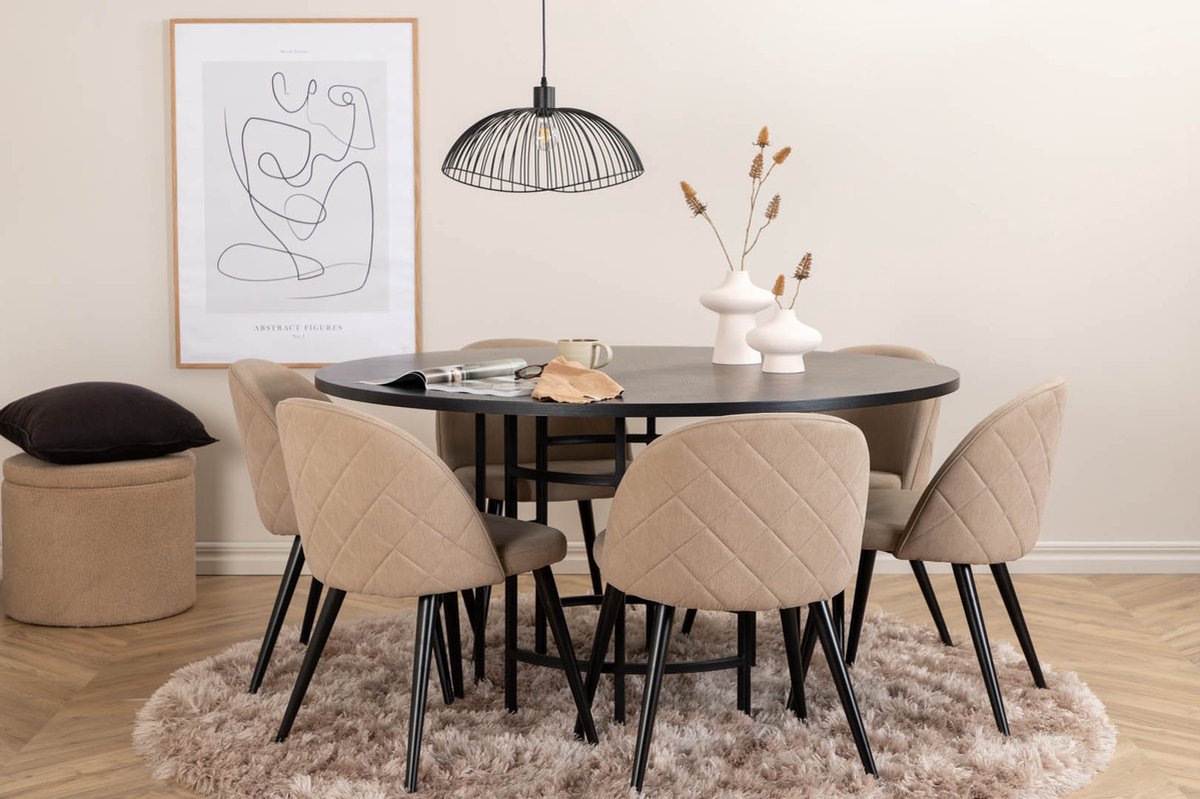 Copenhagen Eethoek Eetkamertafel En 6 Velvet Stitches Eetkamerstal Beige. - Bruin