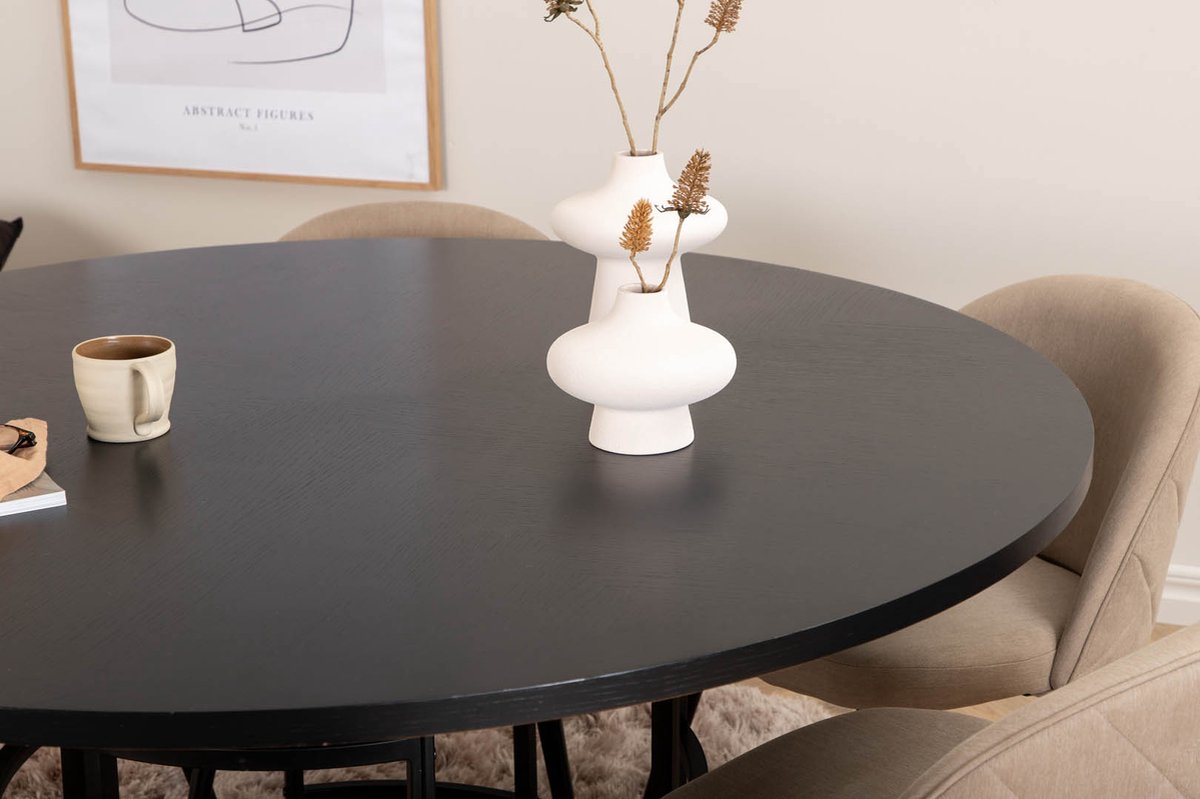 Copenhagen Eethoek Eetkamertafel En 6 Velvet Stitches Eetkamerstal Beige. - Bruin