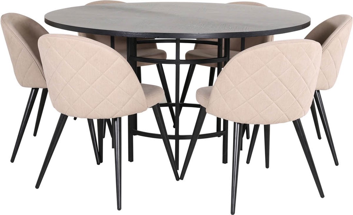 Copenhagen Eethoek Eetkamertafel En 6 Velvet Stitches Eetkamerstal Beige. - Bruin