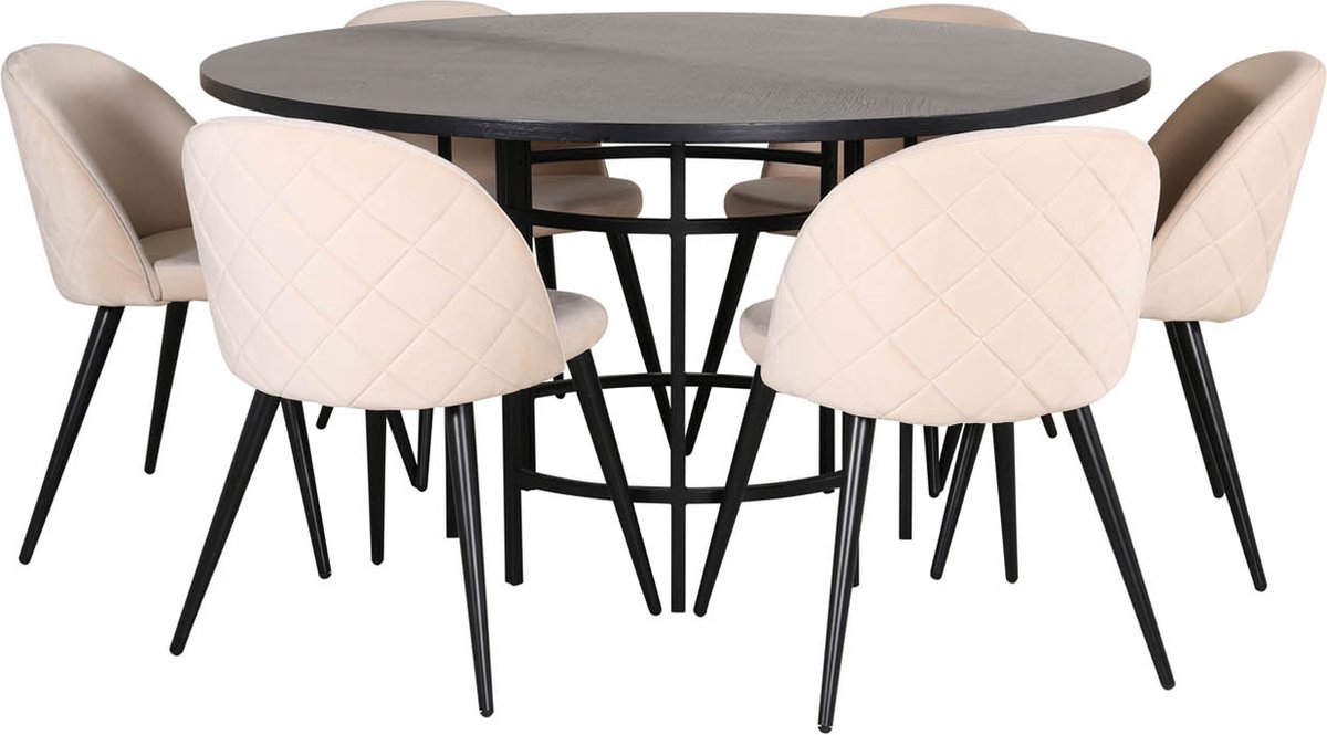 Copenhagen Eethoek Eetkamertafel En 6 Velvet Stitches Eetkamerstal Velours Beige. - Bruin