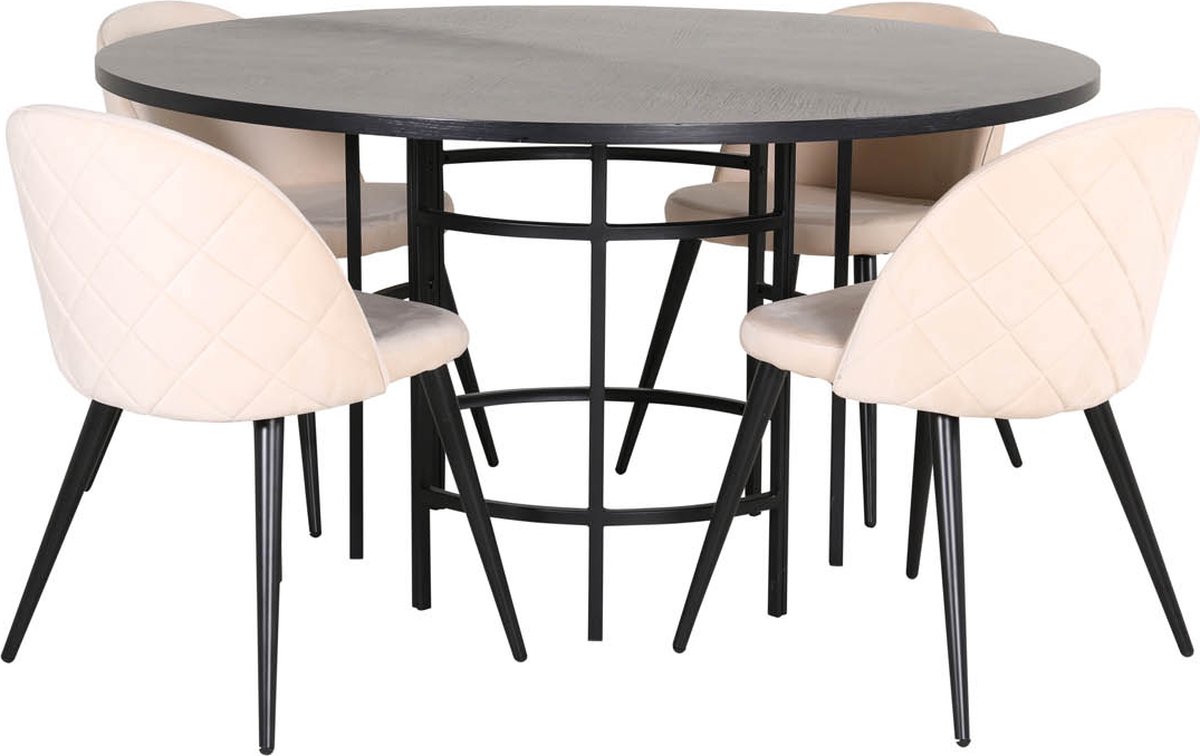 Copenhagen Eethoek Eetkamertafel En 4 Velvet Stitches Eetkamerstal Velours Beige. - Bruin