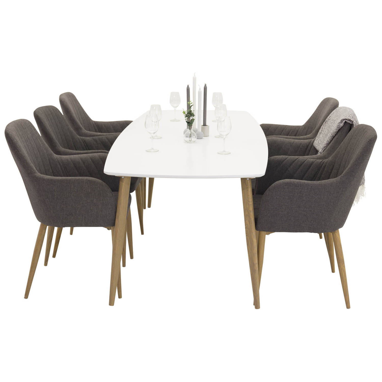 Polarelips240x100whna Eethoek Eetkamertafel Wit En 6 Comfort Eetkamerstal Grijs, Eik Decor.