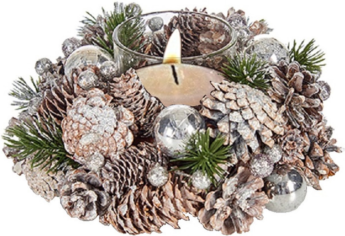 Arte r Kerst Thema Kaarsenhouder Ornament Silver/green Nature 19 X 19 X 9 Cm - Waxinelichtjeshouders