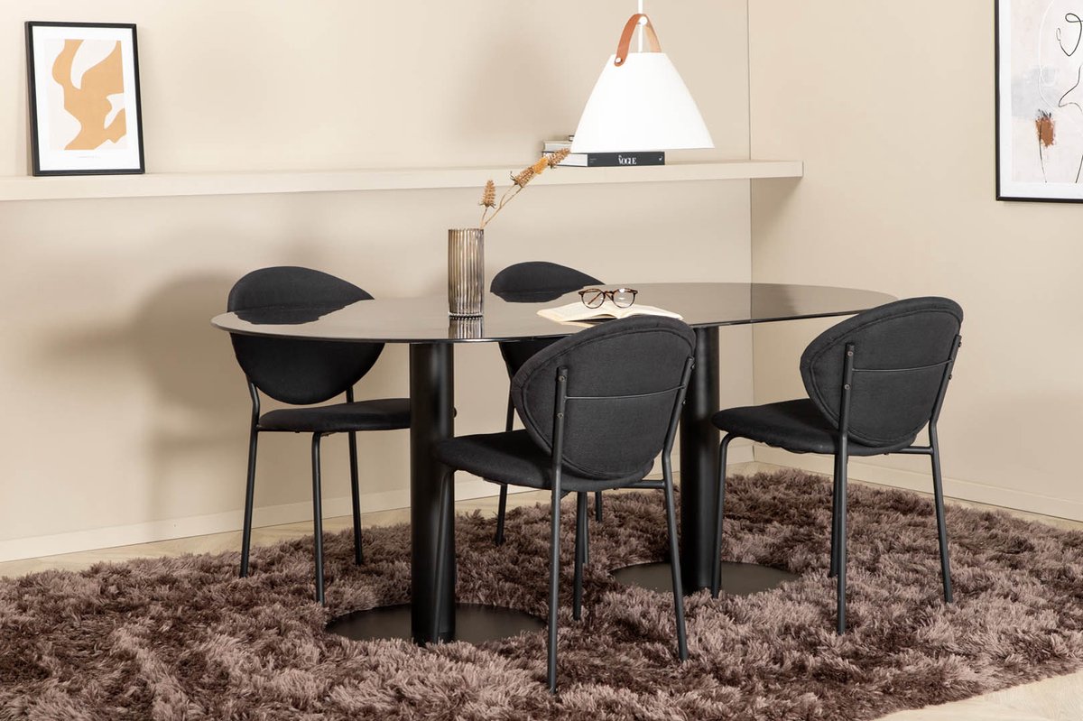 Pillan Eethoek Eetkamertafel Zwart Glas Marmer Decor En 4 Vault Eetkamerstal Zwart.