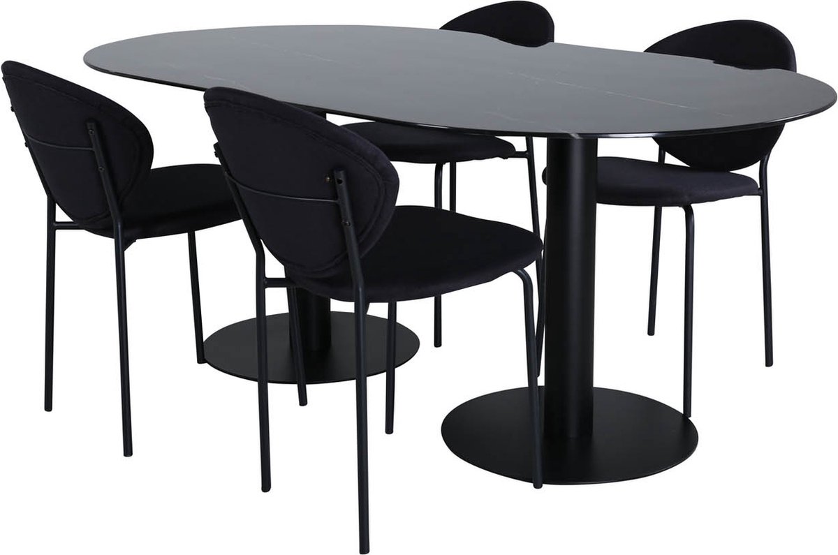 Pillan Eethoek Eetkamertafel Zwart Glas Marmer Decor En 4 Vault Eetkamerstal Zwart.