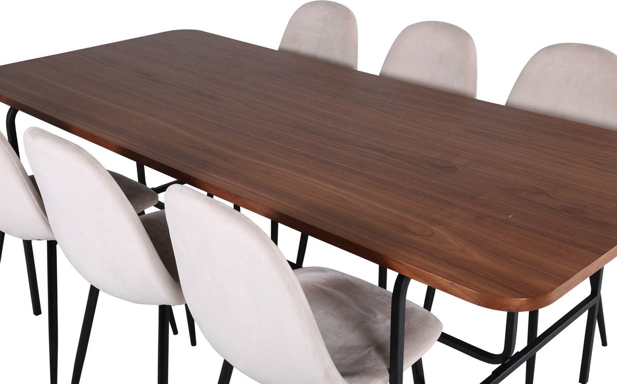 Unowa Eethoek Eetkamertafel Okkernoot Decor En 6 Polar Eetkamerstal Velours Beige. - Bruin