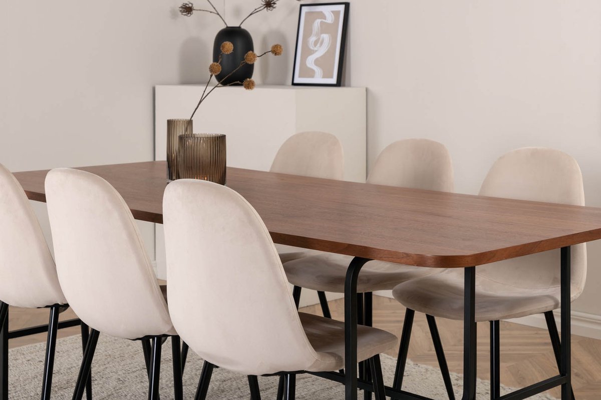 Unowa Eethoek Eetkamertafel Okkernoot Decor En 6 Polar Eetkamerstal Velours Beige. - Bruin