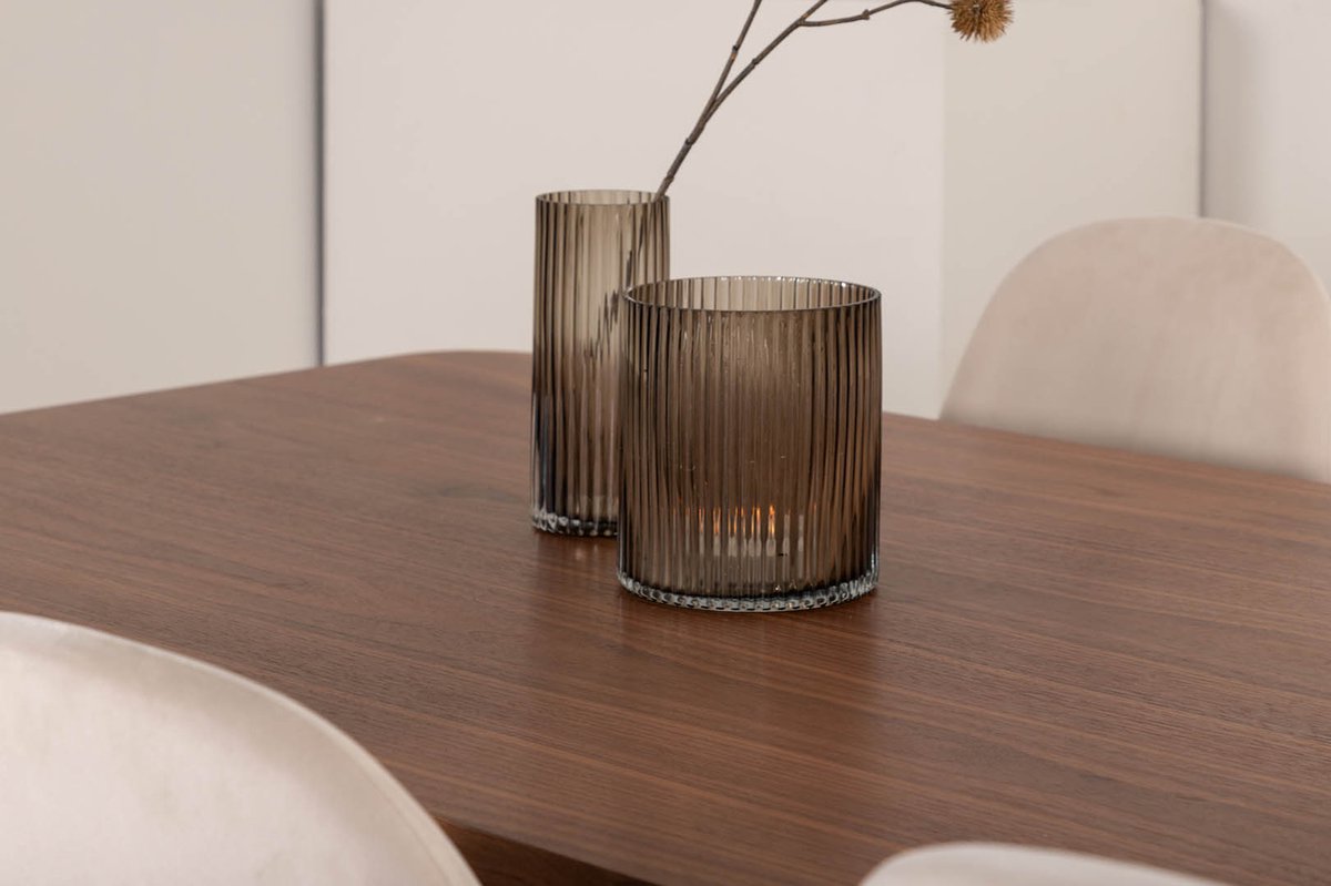 Unowa Eethoek Eetkamertafel Okkernoot Decor En 6 Polar Eetkamerstal Velours Beige. - Bruin