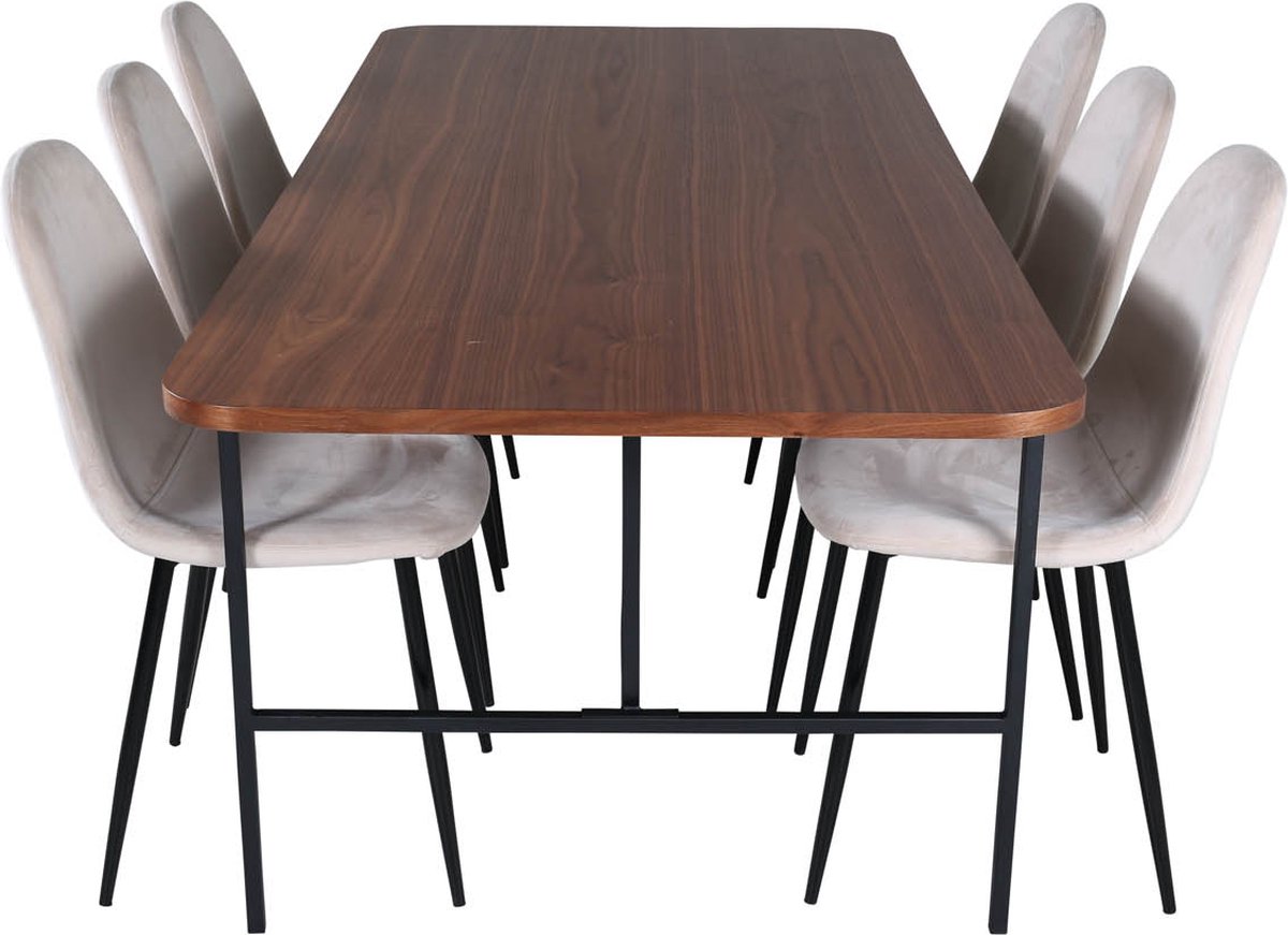 Unowa Eethoek Eetkamertafel Okkernoot Decor En 6 Polar Eetkamerstal Velours Beige. - Bruin
