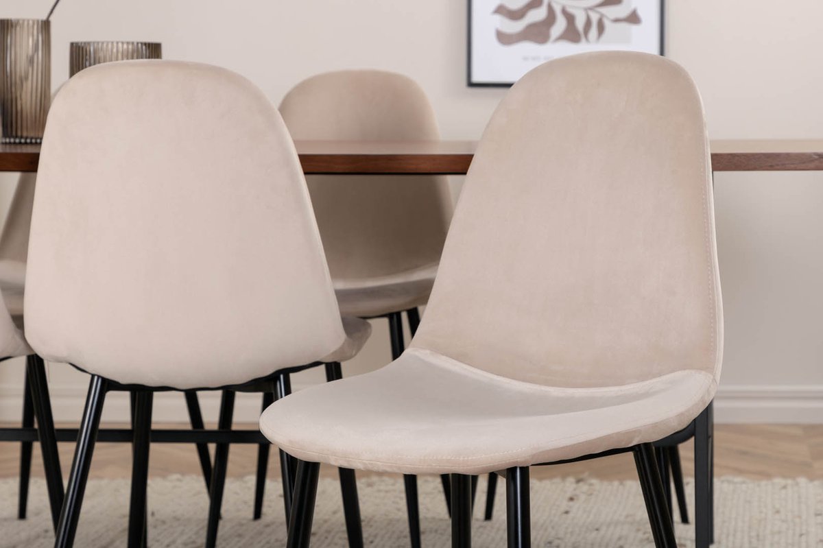 Unowa Eethoek Eetkamertafel Okkernoot Decor En 6 Polar Eetkamerstal Velours Beige. - Bruin