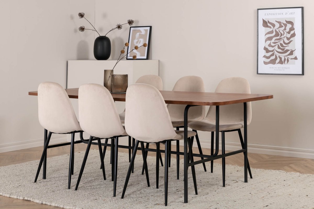 Unowa Eethoek Eetkamertafel Okkernoot Decor En 6 Polar Eetkamerstal Velours Beige. - Bruin