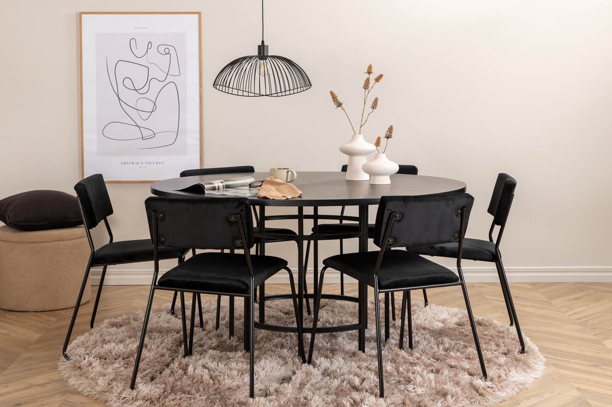 Copenhagen Eethoek Eetkamertafel Bruin En 6 Kenth Eetkamerstal Velours Zwart.