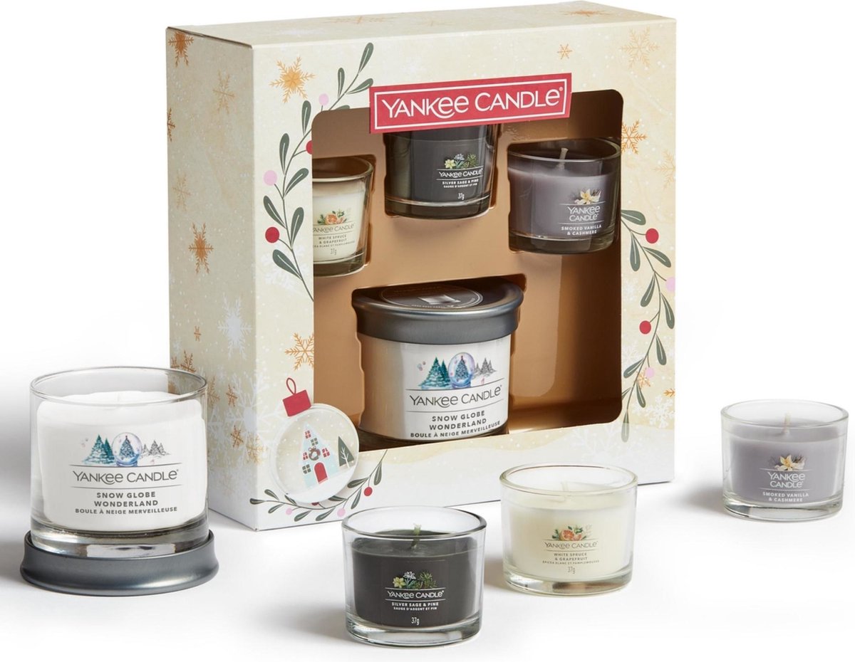 Yankee Candle Giftset (Tumbler Kaars & 3 Filled Votives) Snow Globe Wonderland - 4 Stuks - Grijs