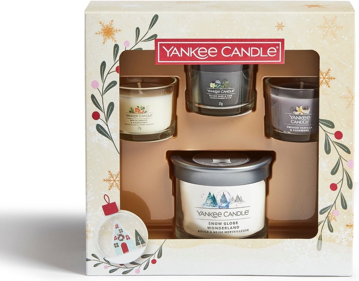 Yankee Candle Giftset (Tumbler Kaars & 3 Filled Votives) Snow Globe Wonderland - 4 Stuks - Grijs