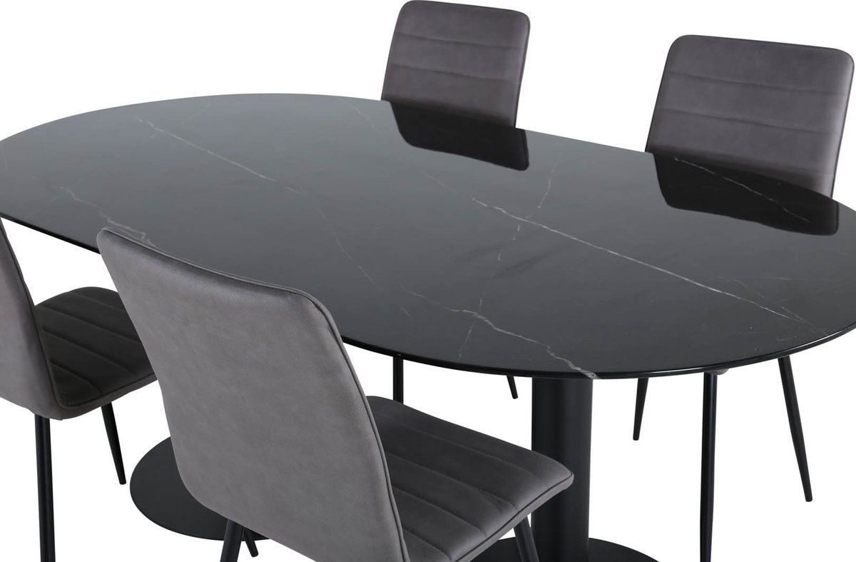 Pillan Eethoek Eetkamertafel Zwart Glas Marmer Decor En 4 Windu Lyx Eetkamerstal Grijs.